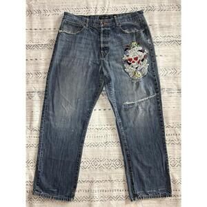 Ed Hardy Men’s Jeans 40x33 Love Kills Slowly Skull Embroidery Distressed